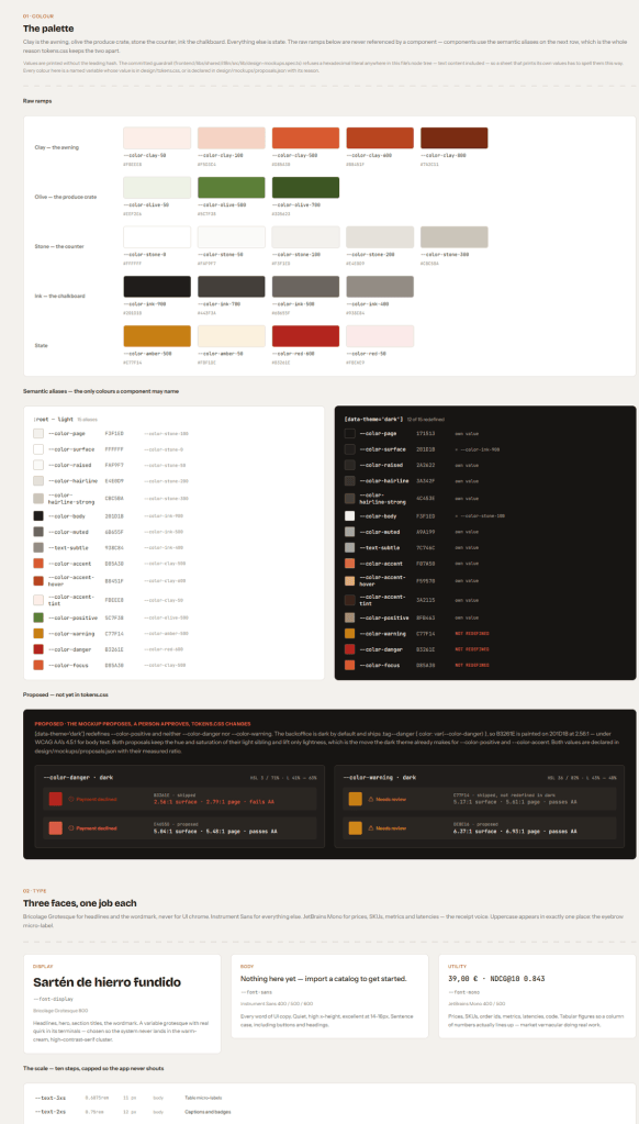 Part of Tendero's design system sheet on the pen.dev canvas: the palette with its five colour families and their token names, the light and dark semantic aliases side by side, two proposed colours with their measured contrast, and the start of the type section with its three fonts.