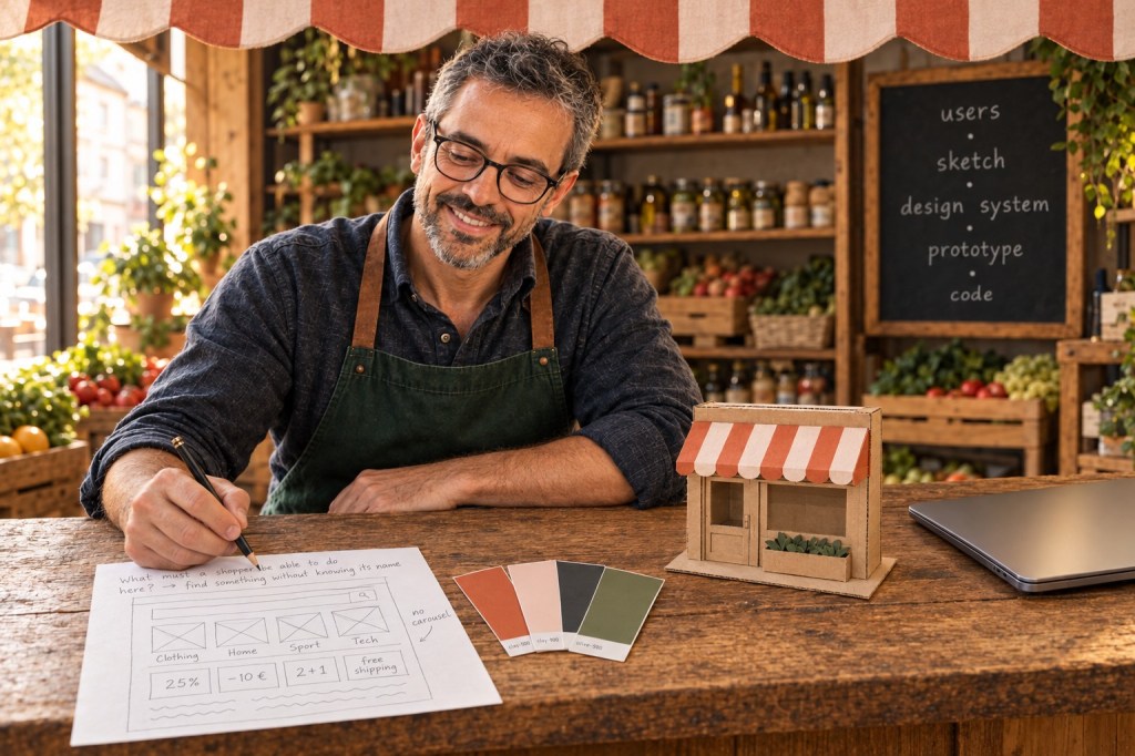 A shopkeeper plans his shop at the counter before opening: a pencil sketch of the shop's home page asking what a shopper must be able to do, four colour swatches, a cardboard model of the shopfront, and a closed laptop set aside for last.