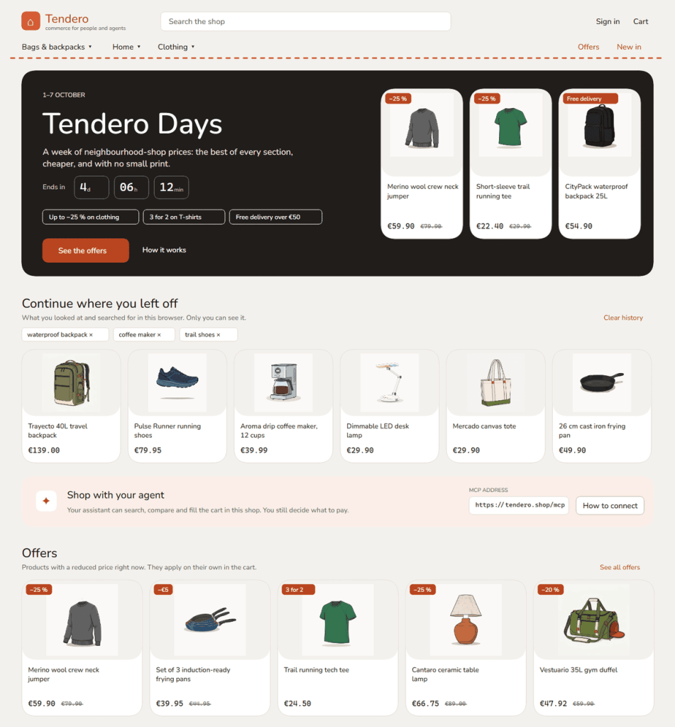 A mockup of the storefront home drawn in Excalidraw: the header and search box, a dark campaign banner called Tendero Days with a countdown and three discounted products, a row of recently viewed products, a pink band about shopping with an AI agent, and a row of offers with old prices crossed out.