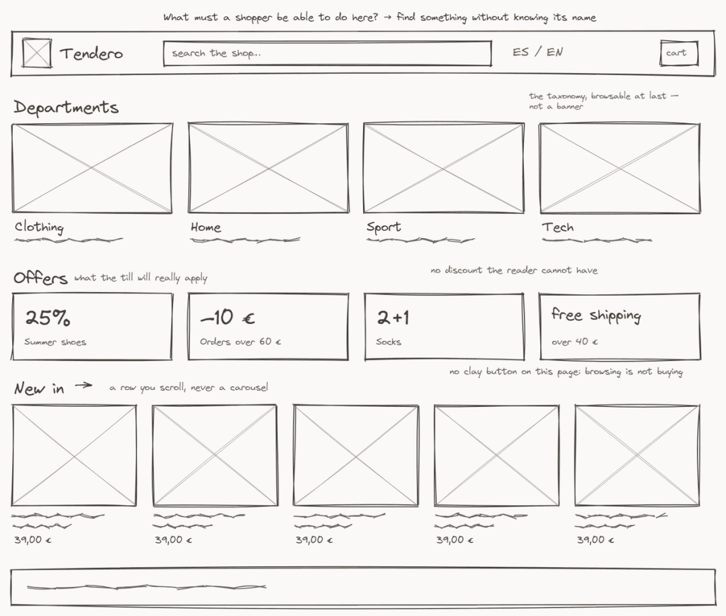 A hand-drawn grey sketch of the storefront home page in Excalidraw: a header with a search box, four department cards, four offers and a row of new products, with notes in the margin.