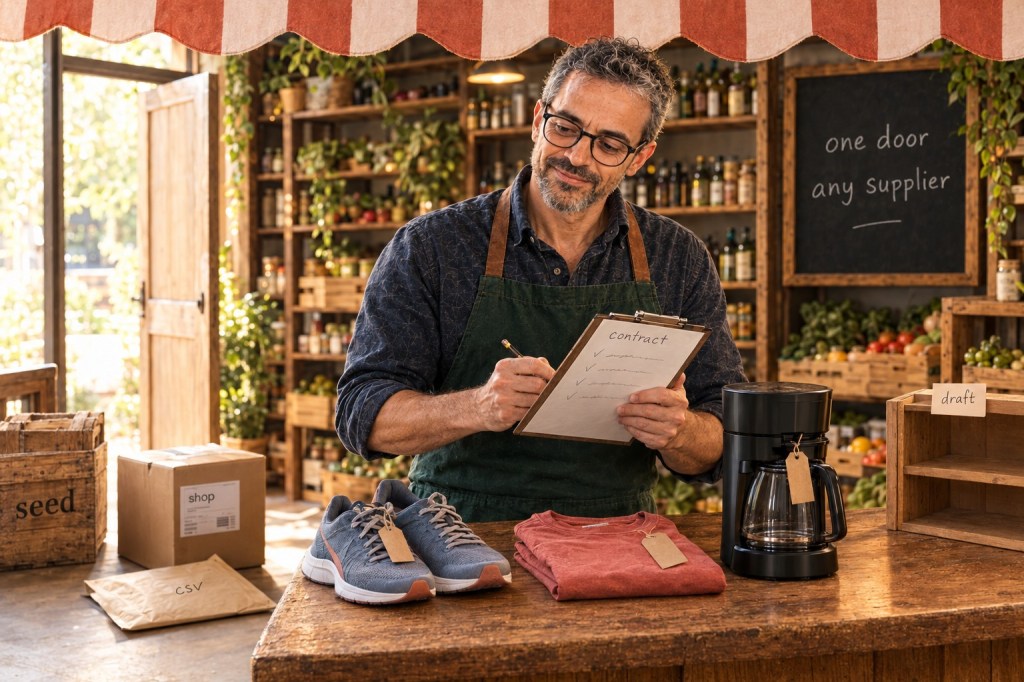 A shopkeeper checks deliveries against a contract: a wooden crate, a cardboard parcel and an envelope have come through the same back door, and their products wait on the counter with identical tags beside an empty shelf marked draft, under a blackboard that reads one door, any supplier.