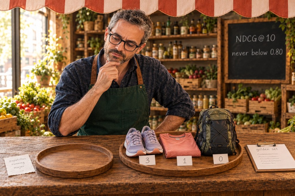 A shopkeeper looks at two trays on his counter: an empty one beside an order for women's running shoes, and a full one with running shoes graded 3, a t-shirt graded 1 and a backpack graded 0, under a blackboard that reads NDCG@10, never below 0.80.