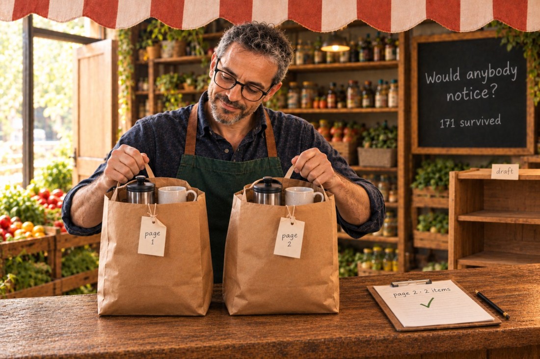 A shopkeeper looks down at two paper bags he holds on his counter, labelled page 1 and page 2 and each holding the same coffee pot and mug, beside a clipboard already ticked, under a blackboard that asks would anybody notice.