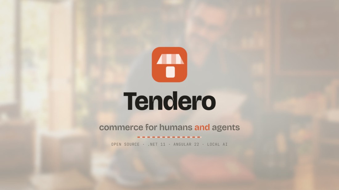 Tendero's mark and its line, commerce for humans and agents, over the shopkeeper out of focus